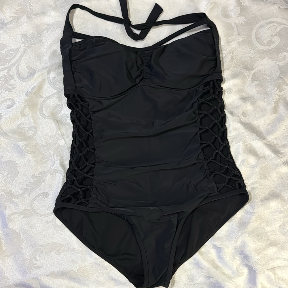 Ashley Graham black one-piece swimsuit. Size 16